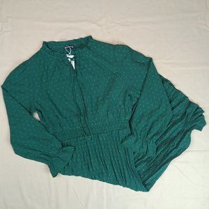Long Sleeve Emerald Green Pleated Waist Dress with Tie Neck